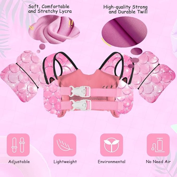 Chriffer Pink Mermaid Swim Vest Life Jacket for 33-55 Pounds - Picture 2 of 7